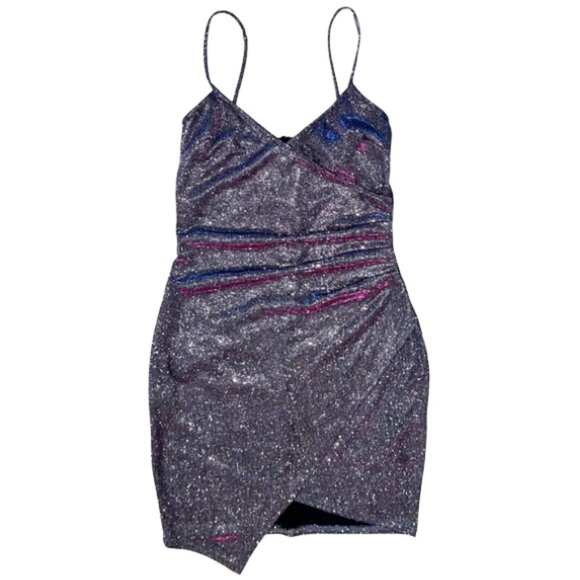 AKIRA Label Keep Up Ultra Shimmer Wrap Front Spaghetti Strap Mini Dress M - Picture 4 of 12